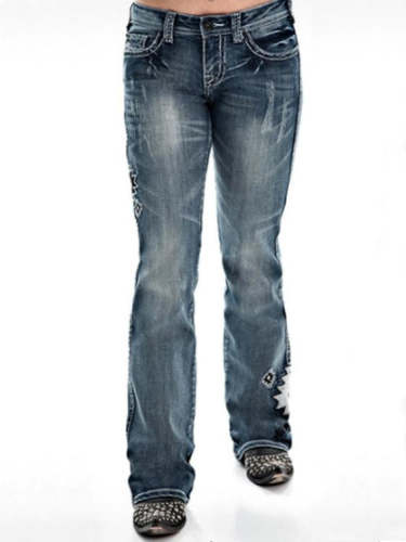 Geometric embroidered slim-fit jeans