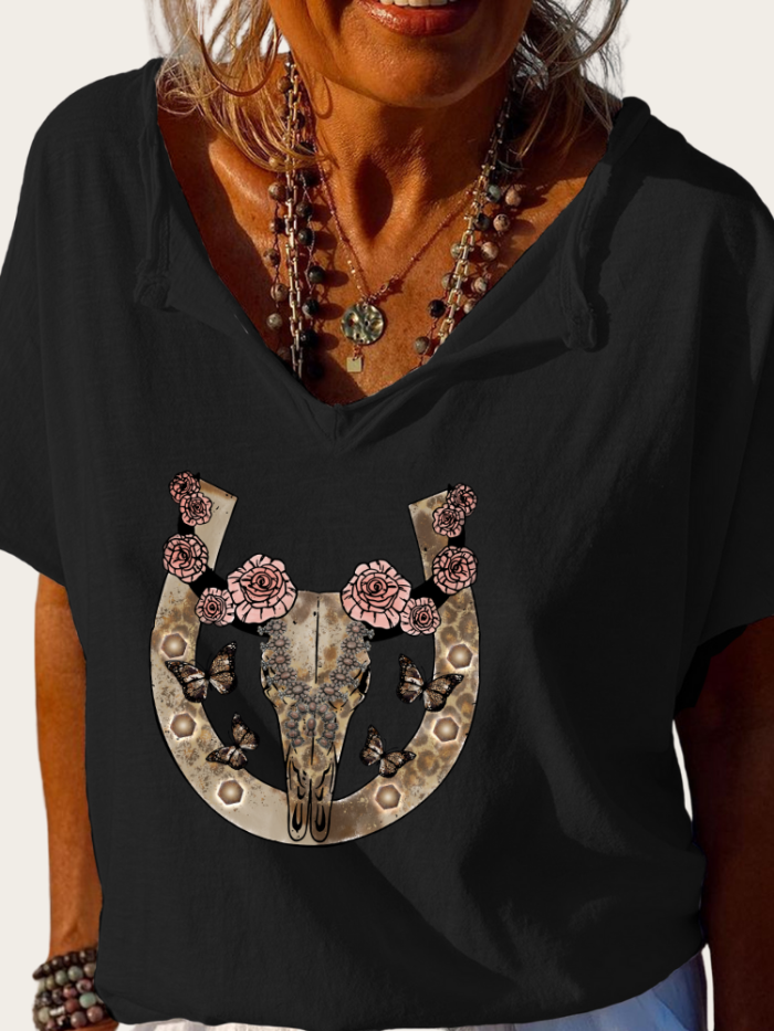 Aztec Cowhead skull Print Trundown Collar T Shirt Women's Loose Short Sleeve Top Spring Plus Size Shirt