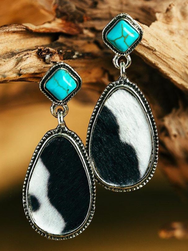 Vintage Drop Water Cow Pattern Pu Earrings Turquoise Ethnic Earrings
