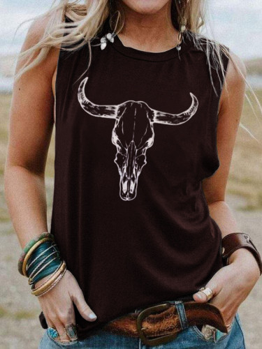 Womens Native Enthic Western Cow Skull Pattern Black Sleeveless Crew Neck T-Shirt Top