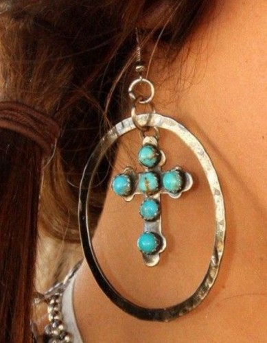 Boho Big Circle Hanging Cross Turquoise Earrings Western Ethnic Turquoise Earring
