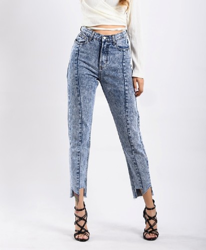 High Waist Famale Jeans with Irregular Opening Woman Boyfriend Acid Wash Cropped Denim Pants for Women Jeans