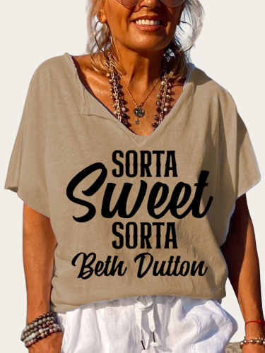 Sort Of Beth Dutton Print Trundown Collar T Shirt Women's Loose Short Sleeve Top Spring Plus Size Shirt