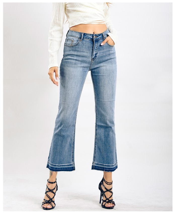 Women`s Brand New Fashion High Waist Stretch Washed True Denim Cropped Jeans Capris for Woman Jean Flare Pants