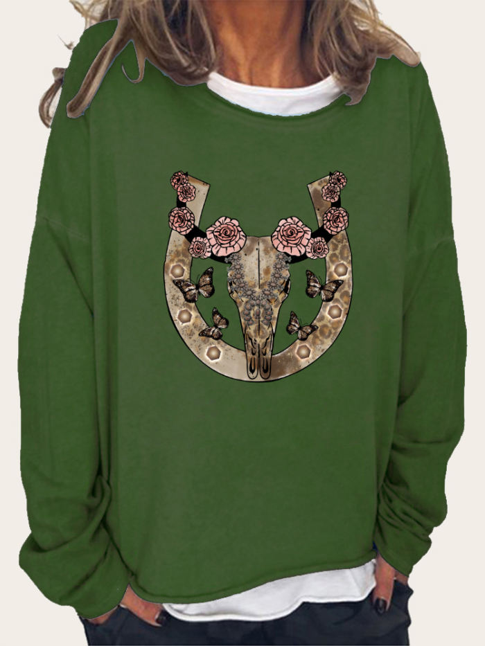 Aztec Cow Skull with Rose Women's Western Style  Long Sleeve Loose Cutting Plus Size Sweatshirt