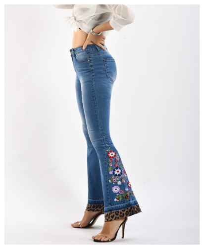 Embroidery Leopard Patchwork Flare Jeans Women Elasticity Bell-Bottoms Released Hem Jeans Stretching women Jeans Large Size #09