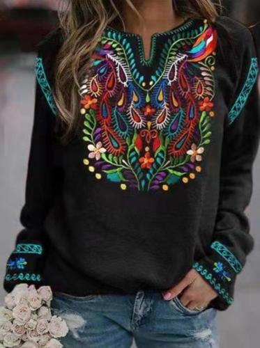 2022 Women's Native Ethnic Floral Pattern Long Sleeve V-Neck Casual Loose T-Shirts Top
