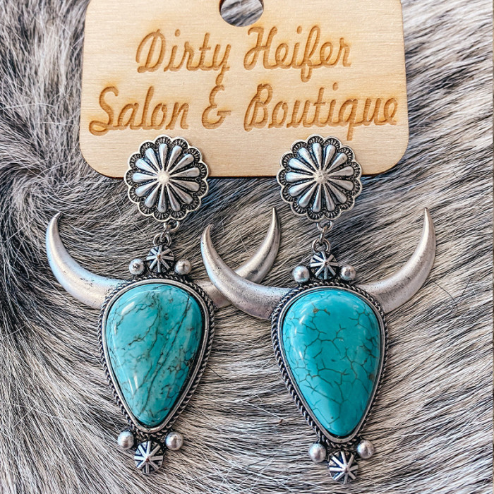 Turquoise Bull Skull Earrings Western Ethnic Cowgirl Earring