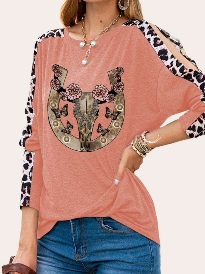 Atect Cow Skull Leopard Long Sleeve Slim Cutting Sassy Women Shirts Spring Must have Outfit
