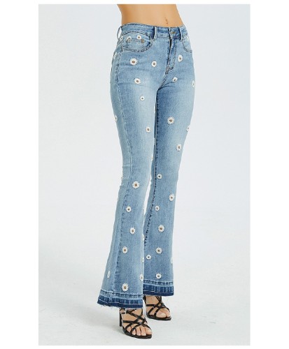 Embroidery Low Waist Elastic Flare Jeans Women Retro Style Bell Bottom Skinny Jeans Female Blue Wide Leg Denim Pants Plus Size