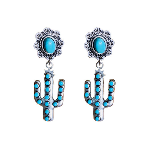 Vintage Turquoise Cactus Pendant Panel Sunflower Ethnic Earrings
