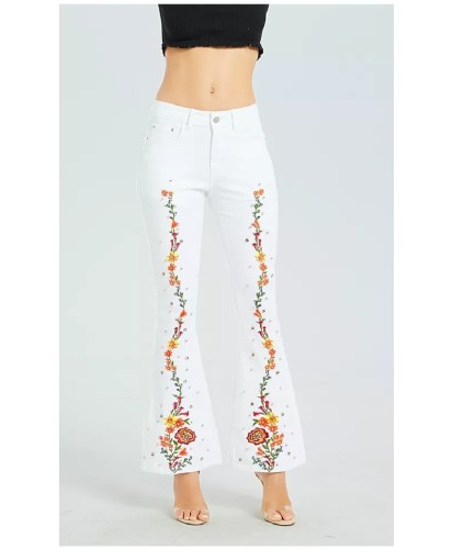 White Embroidery Embroidered Flares Jeans Women Elasticity Bell-Bottoms Stretching Women Jeans For Girls Large Size #95