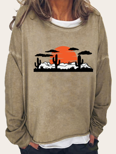 Cactus Print Women's Western Style  Long Sleeve Loose Cutting Plus Size Spring/Fall Sweatshirt