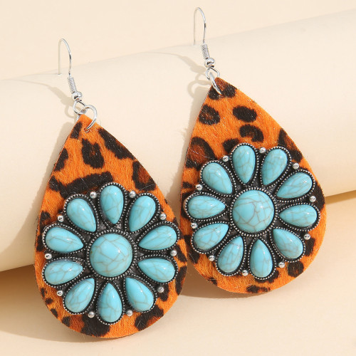Big Water Drop Leopard Leather Earrings Tribal Teardrop Turquoise Earrings for Women Cowgirl