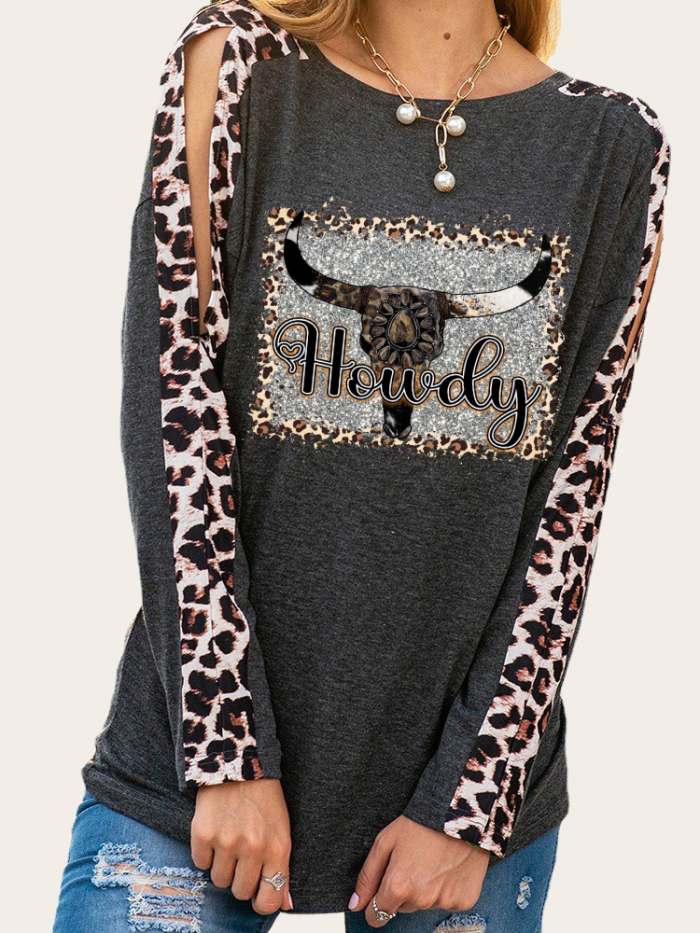 Atect Cow Skull Leopard Long Leopard Sleeve Slim Cutting Sassy Women Shirts Spring Must have Outfit Sweatshirt