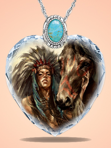 Vintage Crystal Chief and Horse Heart Necklace Embedded Turquoise Necklace