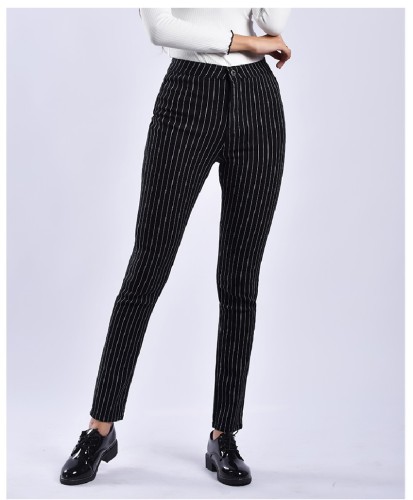 Fashion Stripe Skinny Jeans Women High Waist Black Denim Pants Push Up Ladies Jeans England Street Style