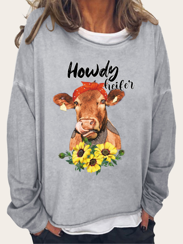 Cow with Rose Women's Western Style  Long Sleeve Loose Cutting Plus Size Spring/Fall Sweatshirt