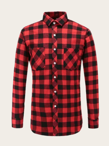 Men's Plaid Cotton Shirt Grid Decor Laper Single Breasted Long Sleeve Shirt with Pocket