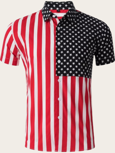 Mens Beach Hawaiian Shirt Button Down Casual Short Sleeve Stripe Star Flag Printed T-Shirt