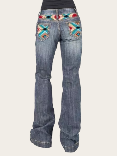 Western Aztec Patchwork Washed Bootcut Jeans