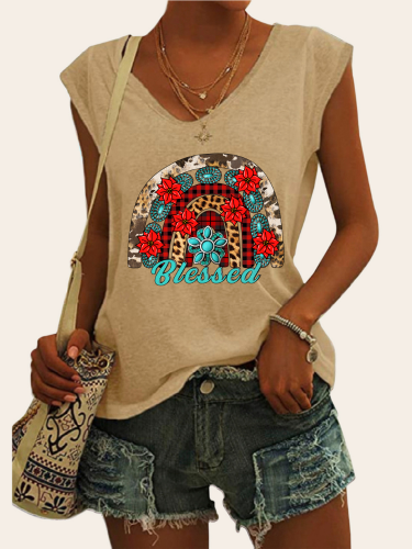 Bless With Flower & Leopard Cowgirl Print Graphic Tees Women's Casual Loose T-Shirts Cap Sleeve Top