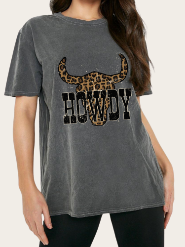 Washed Vintage Tee Shirt With Howdy Leopard Print Distressed Loose Cutting Graphic Tee
