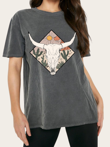 Washed Vintage Tee Shirt With Cow Skull Desert Cactus Distressed Loose Cutting Graphic Tee