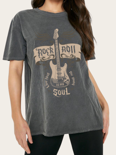Washed Vintage Tee Shirt With Print Rock & Roll is My Soul Distressed Loose Cutting Graphic Tee