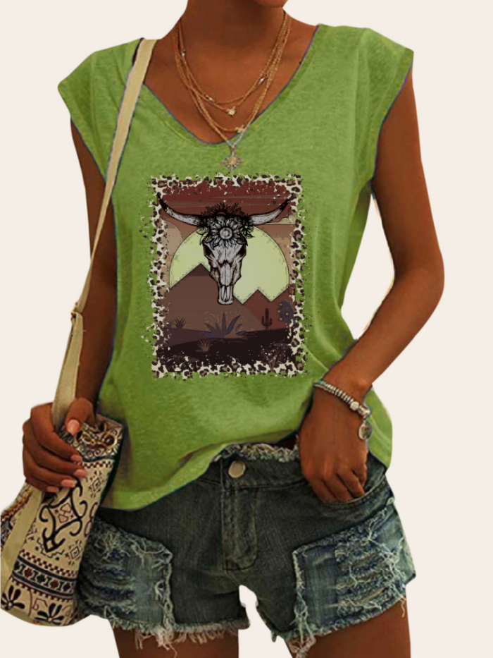 Cowskull with Cactus Cowgirl Print Graphic Tees Women's Casual Loose T-Shirts Cap Sleeve Top