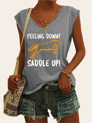 Feeling Down Saddle Up Graphic Tees Women's Casual Loose T-Shirts Cap Sleeve Cowgirl Top