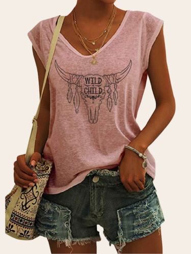 Wild Child Cowskull Graphic Tees Women's Casual Loose T-Shirts Cap Sleeve Cowgirl Top