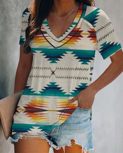 Women's Aztec Ethnic Geometric Western Retro Boho Style Full Printed V-Neck T-Shirt Top