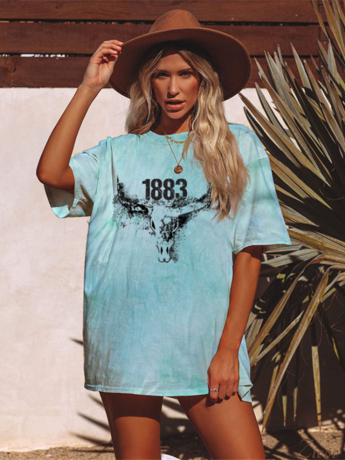 1883 Cowskull  Boutique Oversized  Distressed Boyfriend Tie Dye Tee Couture Fashion Tee