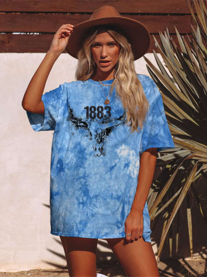 1883 Cowskull  Boutique Oversized  Distressed Boyfriend Tie Dye Tee Couture Fashion Tee