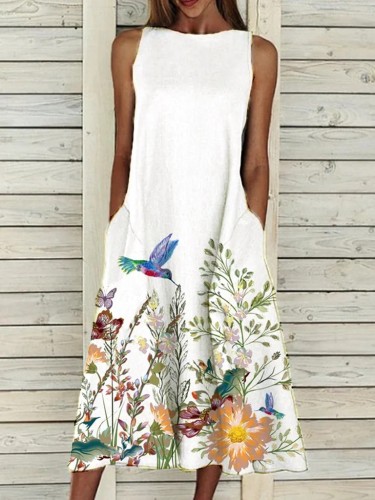 Women's Casual Summer Dress Spring Butterfly and Floral Print Sleeveless A Line Midi Dress