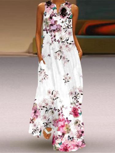 Women Casual Maxi Dress V-Neck Sleeveless Flower & Butterfly Long Dress