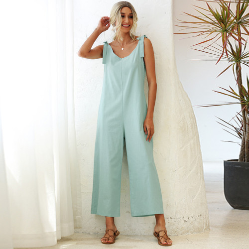 Women's Loose Jumpsuit V-Neck Sleeveless Straight Solid Color Overalls Jumpsuit with Pocket Wide Leg Pant