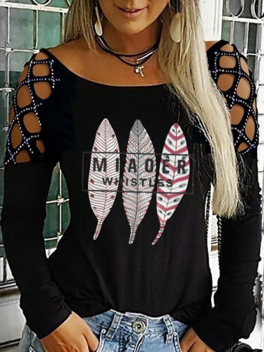 Hollow Out Long Sleeve Vintage Print Western Style Ethnic Feather Casual Women's T-Shirt Top