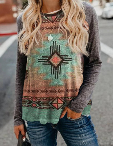 2022 Women's Aztec Native Ethnic Geometric Pattern Long Sleeve Sweatshirt Top