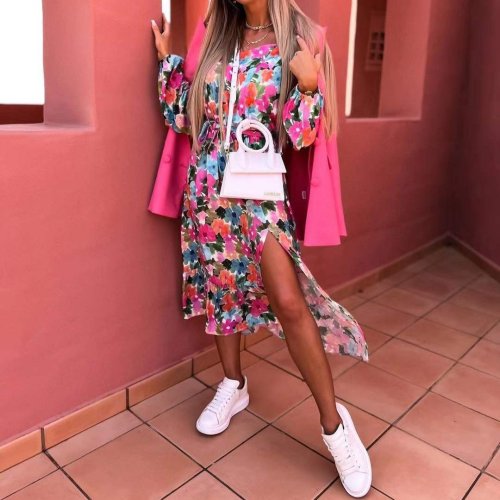 Women Casual Midi Dress Chic Long-Sleeved Floral Pattern Split Beach Dress