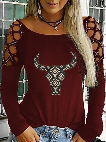 Hollow Out Long Sleeve Vintage Aztec Cow Skull Print Casual Women's T-Shirt Top
