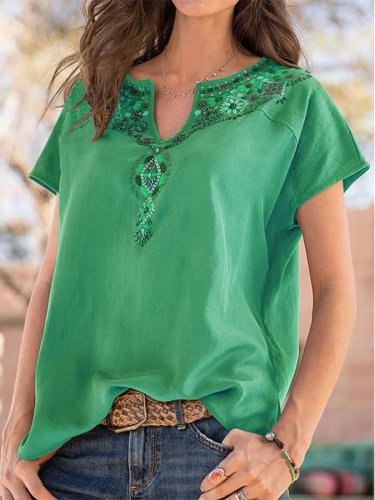 Women Western Ethnic Style Solid Color Casual T-Shirt Top