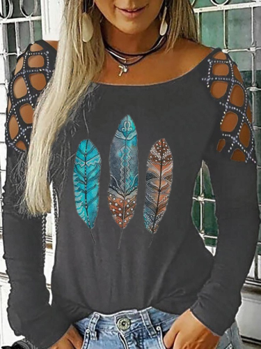 Hollow Out Long Sleeve Vintage Aztec Ethnic Feather Print Casual Women's T-Shirt Top