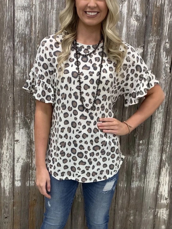 Women's Casual Grey Leopard Print Flared Sleeve Loose T-Shirt Top