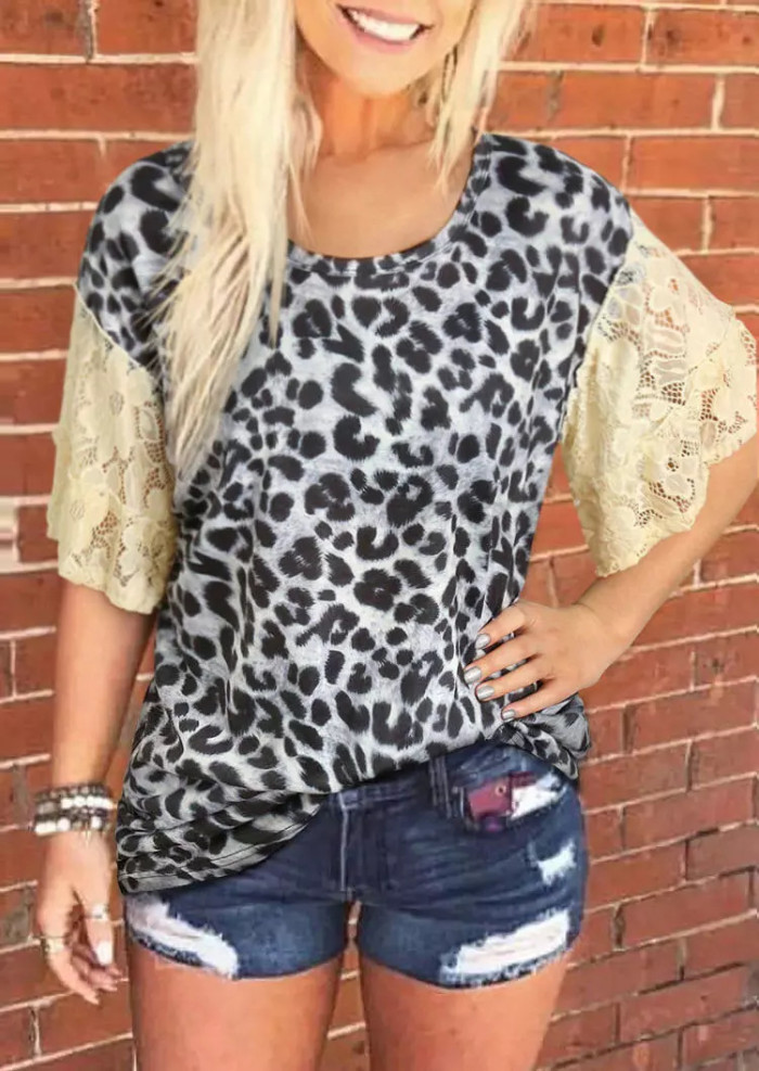 Women's Casual Leopard Print Lace Trumpet-Sleeve T-Shirt Top