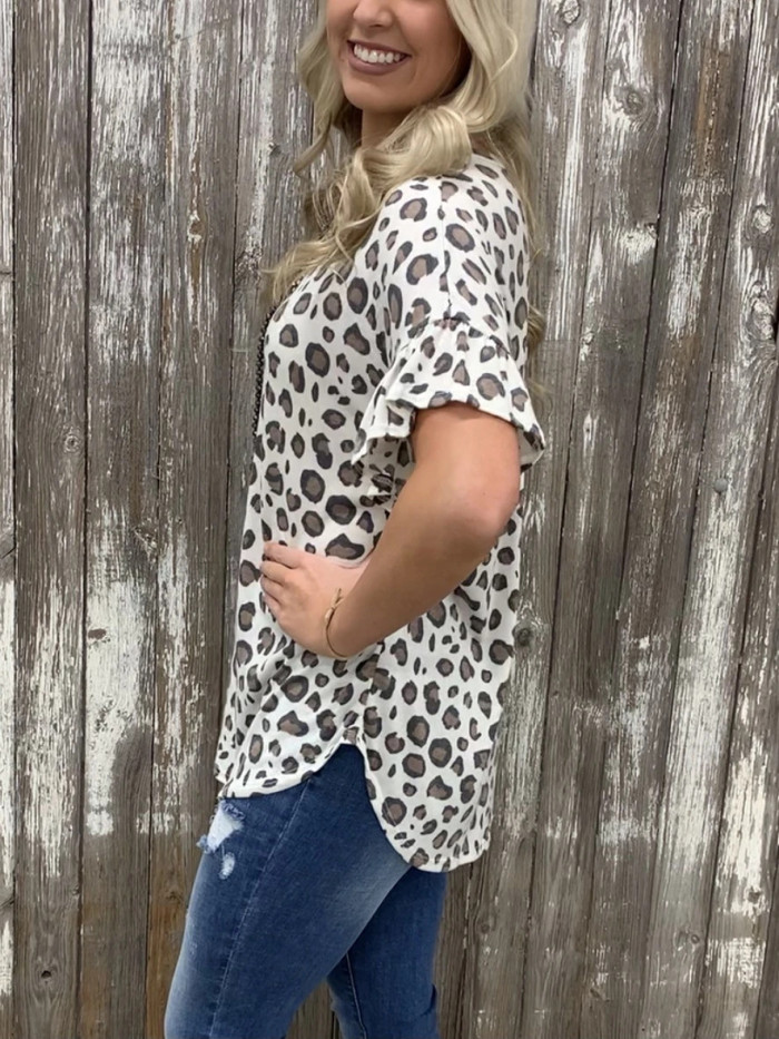 Women's Casual Grey Leopard Print Flared Sleeve Loose T-Shirt Top