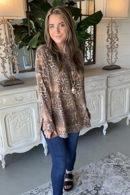 Women's Casual Leopard Full Print Coffee Long Sleeve T-Shirt Top