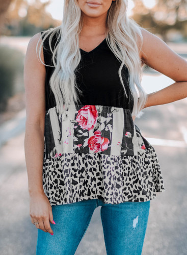 Women's Casual Leopard Floral Print V-Neck T-Shirt Top