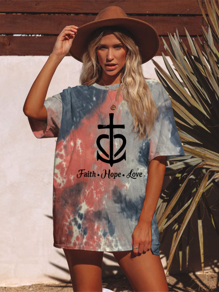 Love, Faith, Hope Quotes Oversized  Distressed Boyfriend Tie Dye Tee Couture Fashion Tee